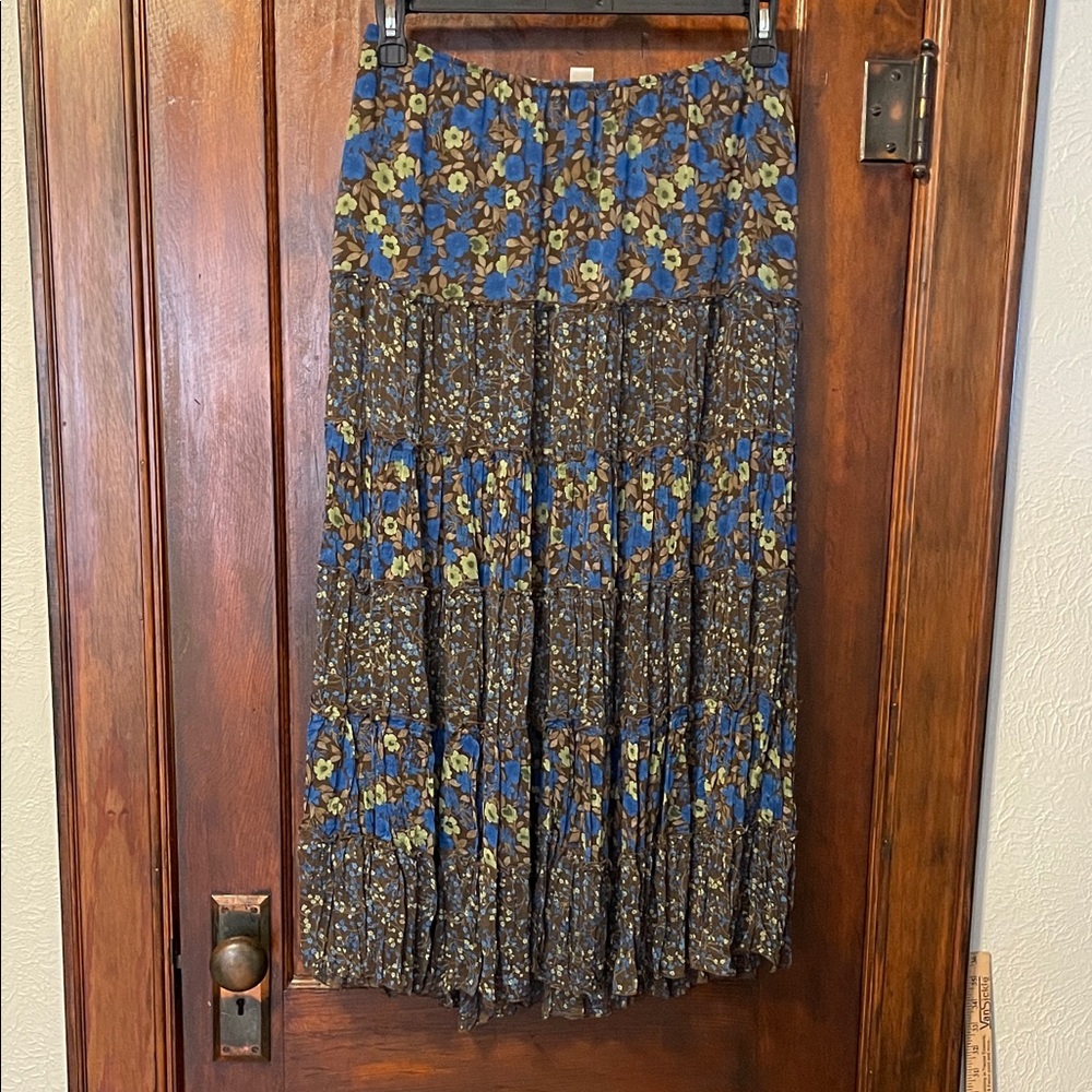 Christopher & Banks Blue and Olive Floral Tiered Maxi Skirt